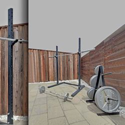 (Still Available) Squat Rack, Bars, Organizer, And Weights (Still Available) 