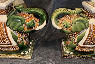 Lucky pair Green/White Chinoiserie Elephant! Perfect For Decor, Ceramic Plant Stand or Garden Statue