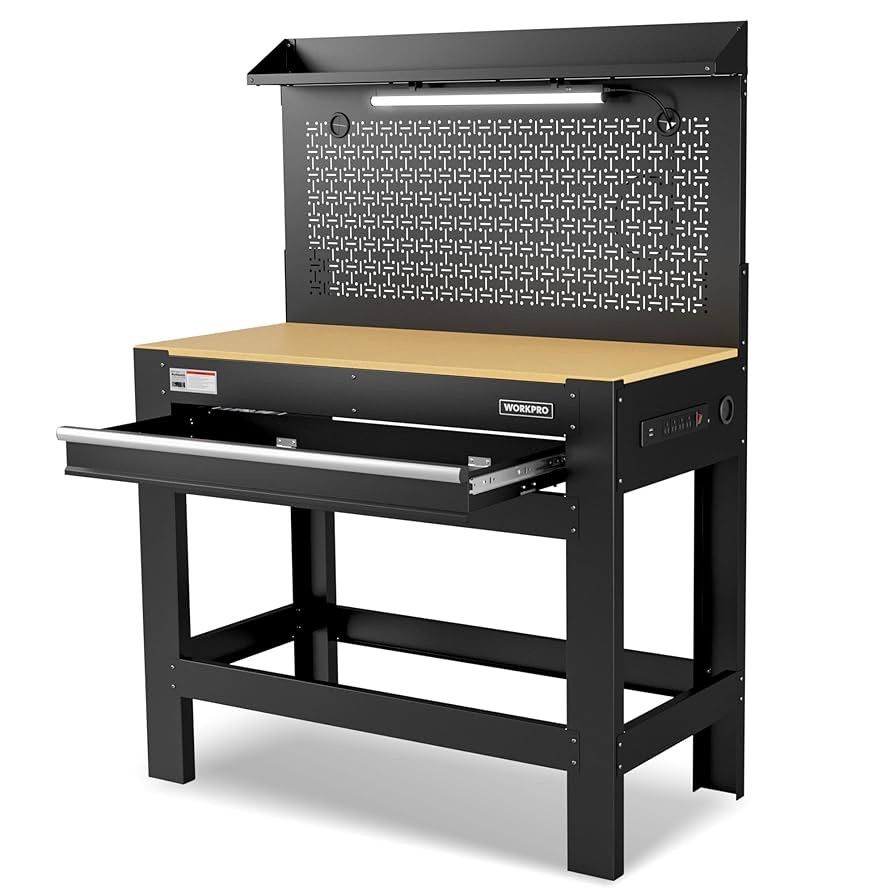 0962 45" Garage Workbench with Storage, Heavy-Duty Workbench with Pegboard, Power Outlets and Light, 800 LBS Work Bench for Garage, Warehouse, Worksho
