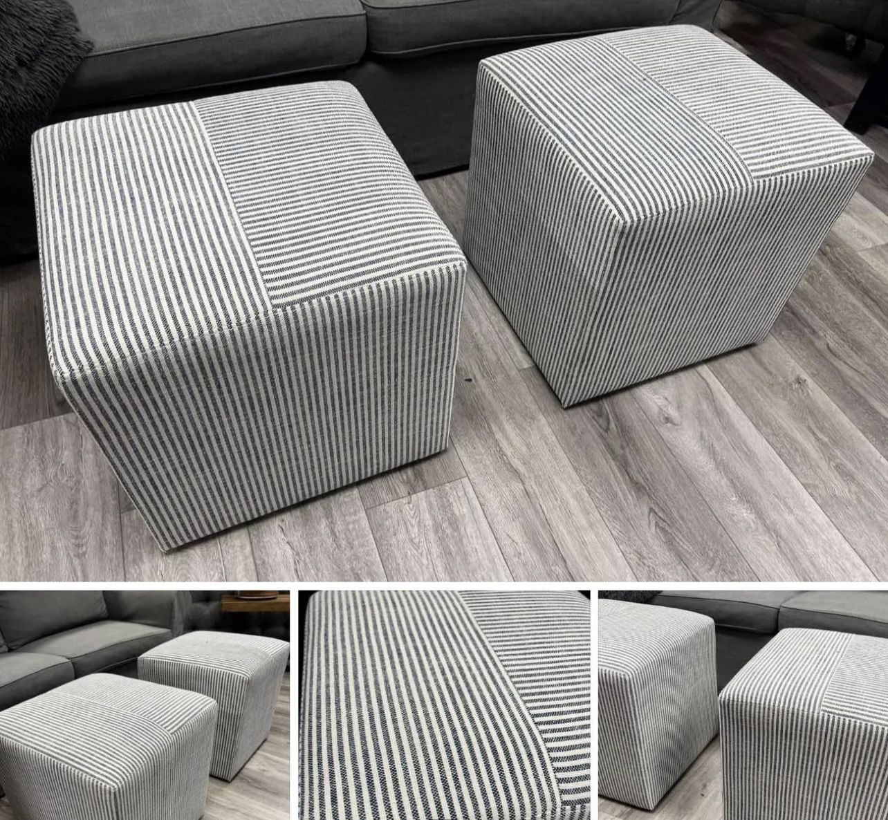 Upholstered Cubes in a Greyish/Navy Versatile Stripe Design