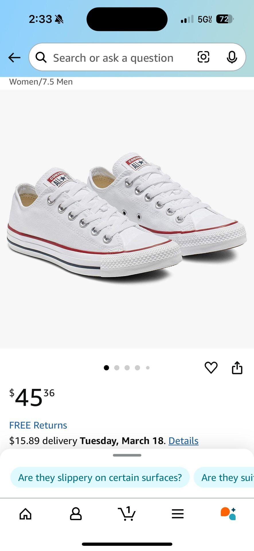 White Converse Size 9m. 10.5w