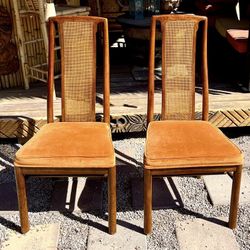 Set of 2 Vintage Orange Upholstered Drexel Heritage Mid-Century Modern Walnut High Back Chairs