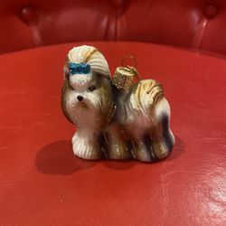 Old World Christmas Shih Tzu Puppy Dog w/Blue Bow Christmas Ornament Blown Glass