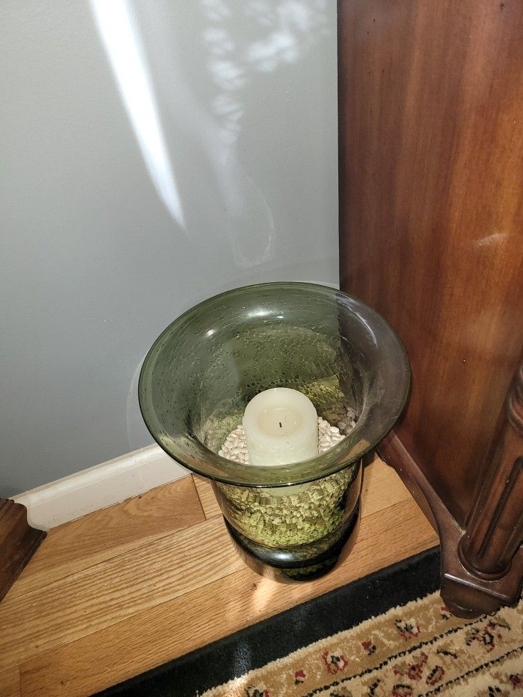 Tall Green Vase With Pillar Candle Included