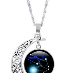 12 Constellation Moon Necklace Gifts Astrology Galaxy & Crescent Moon Glass Bead Pendant Necklace for Mom Present Women Her Girls