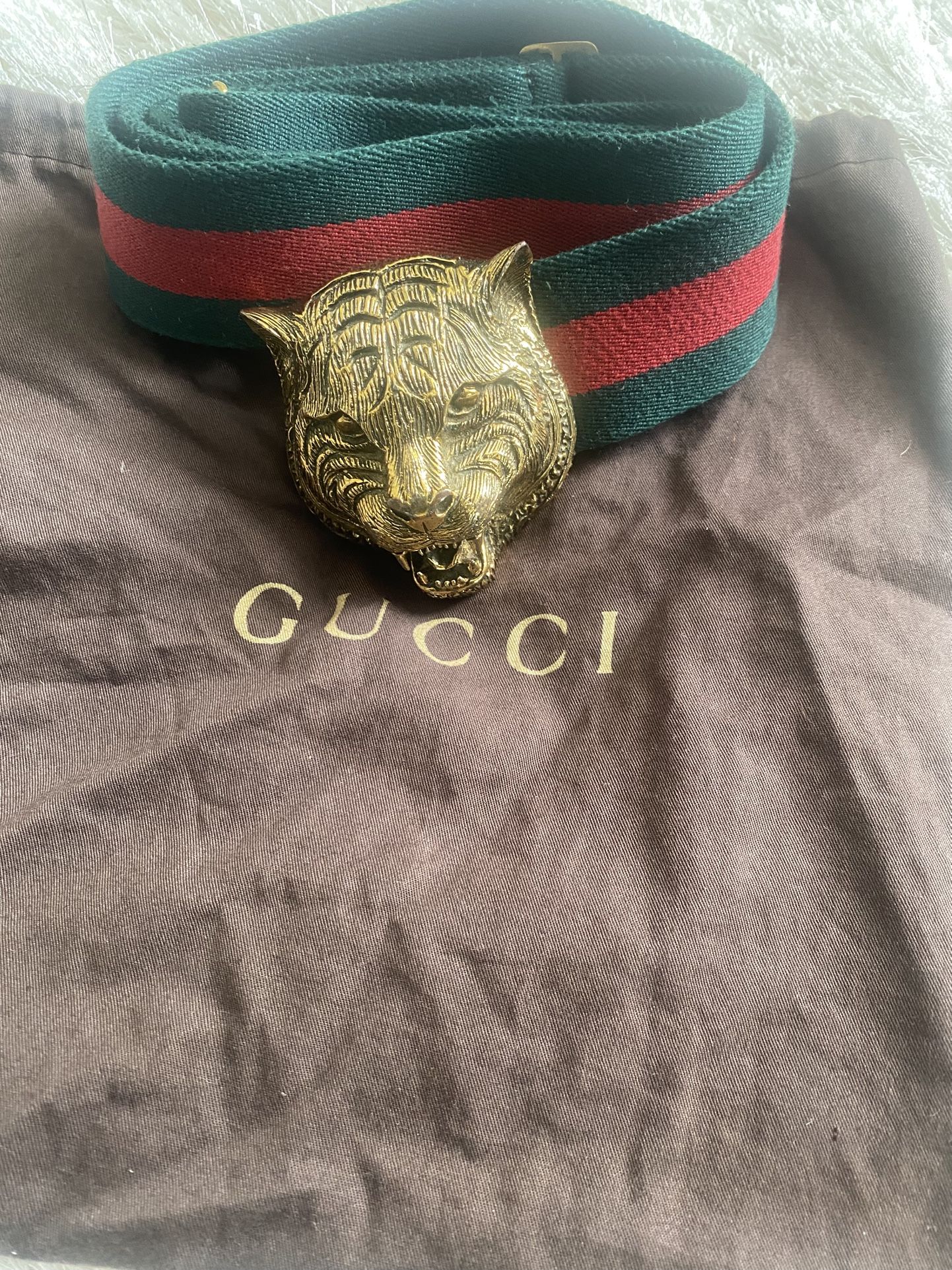 GUCCI Green Red Gold Stripe Fabric Brass Feline Head Belt
