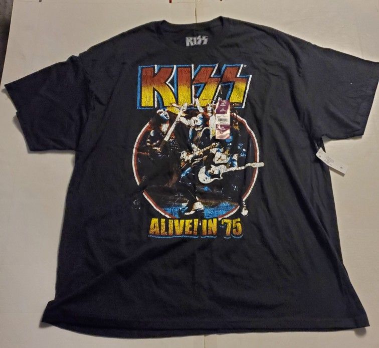 New With Tag KISS "Alive In '75" Retro Lightweight Black t-shirt Mens Size 2XL
