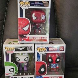 Comic Book Funko Pop Bundle. Spiderman, Christmas Deadpool, and The Joker.