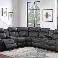 Brand New Grey Leather Power Reclining Sectional Sofa
