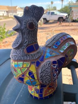 Vintage Mexican Talavera Mosaic Rooster Chicken Statue - Cobalt Blue Tile - Garden Yard Art - Handmade