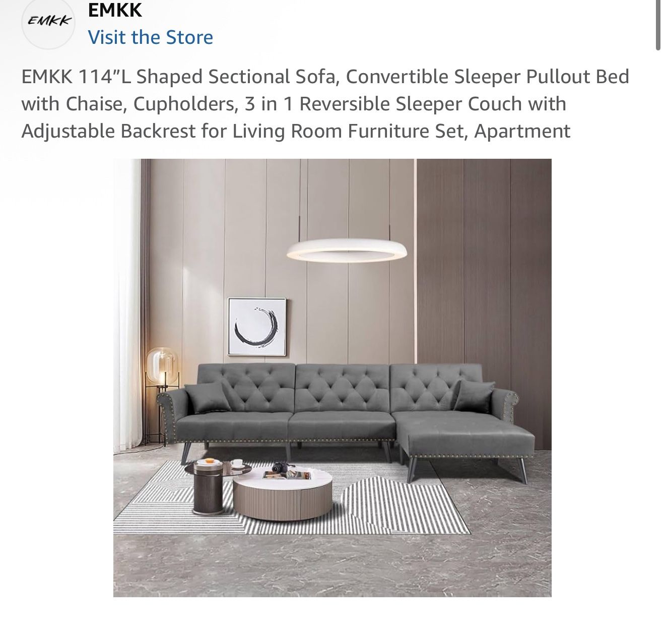 EMKK 114”L Shaped Sectional Sofa, Convertible Sleeper Pullout Bed with Chaise, Cupholders, 3 in 1 Reversible Sleeper Couch with Adjustable Backrest fo