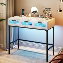 Vanity Desk with 3 Color LED Lights with Human Body Induction - White