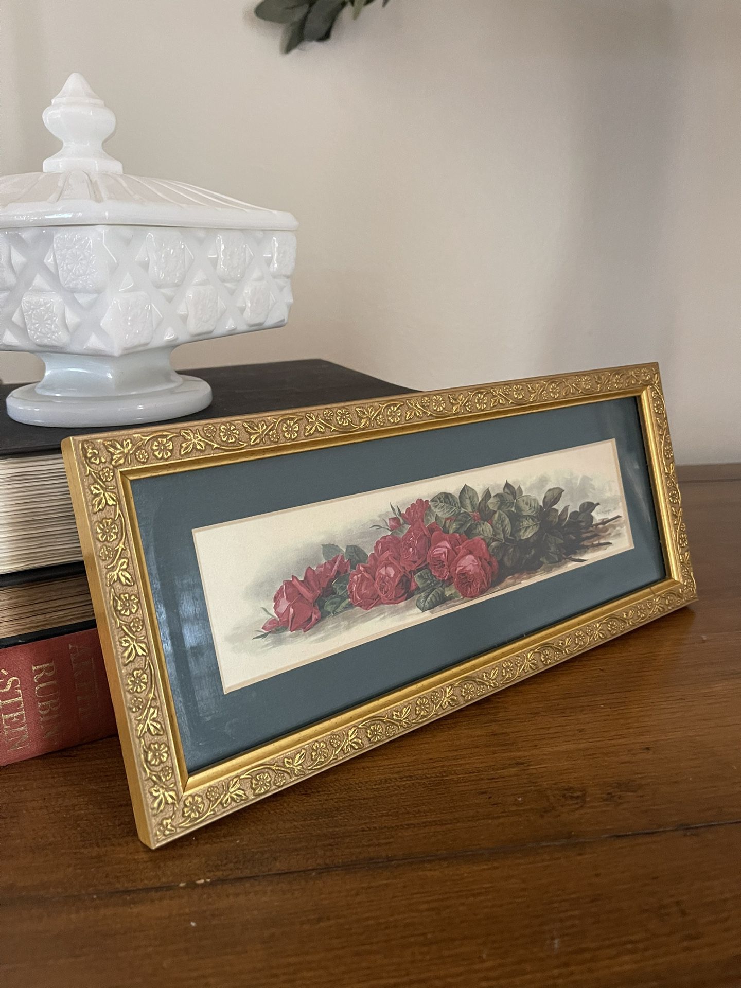 Small Vintage Gold Framed, Paul de Longpre Yardlong Floral Lithograph Wall Art
