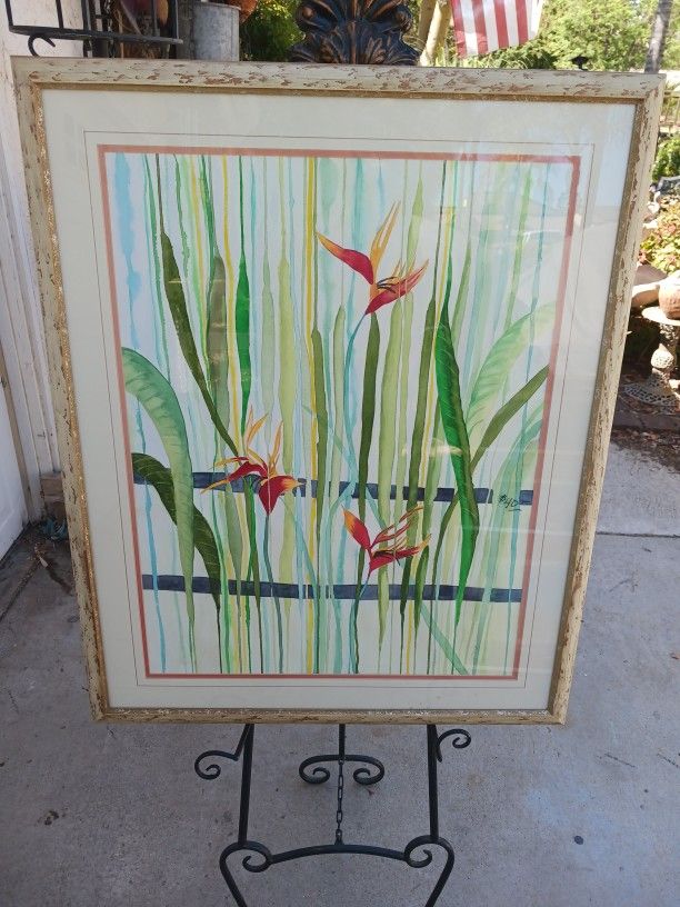 SALE Large Framed Signed Watercolor Birds Of Paradise Painting Collectibles & Art