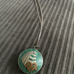Vintage Mexico MFTALES Pendant Aztec Graphic Design Turquoise Silver Copper