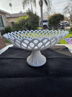 1890 Challinor Taylor Milk Glass Pedestal Open Lattice Comfort Fruit Bowl Collectible Glass Antique 7" Tall Hand Painted Flower Design