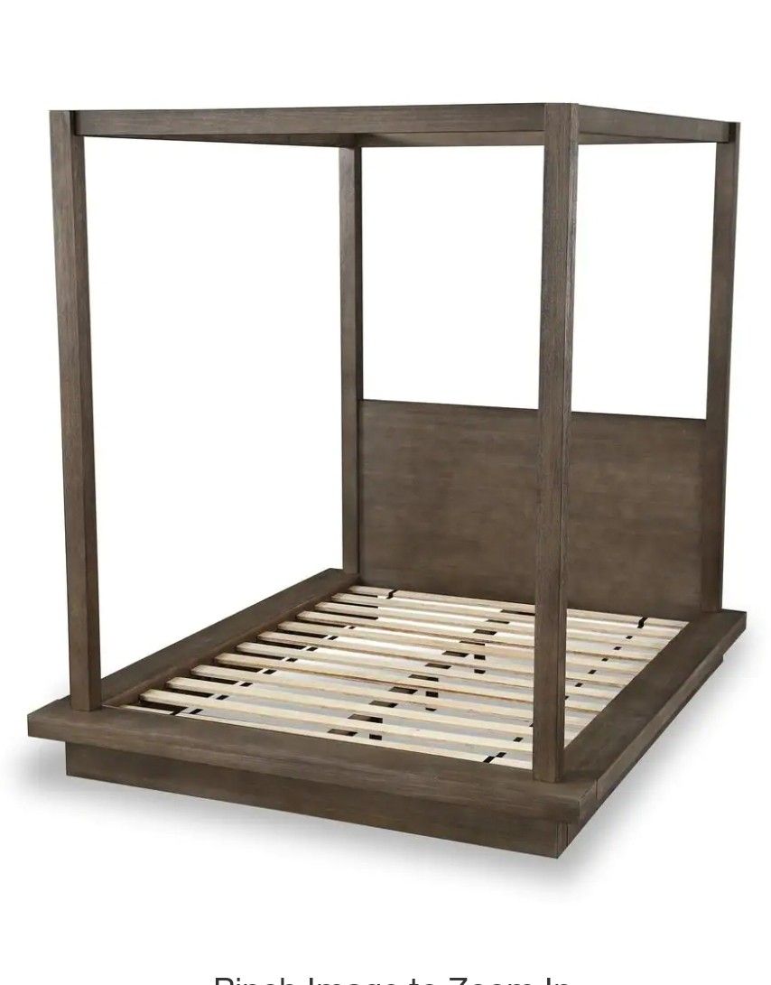 Melbourne Light Wood Dark Pine King Canopy Bed with Platform Bed Mattress Support 8D64F5