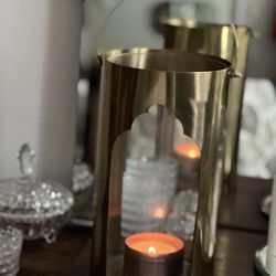 Brass Tone and Glass Hurricane Candle Holder 