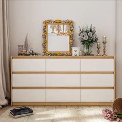 FUFU&GAGA 9-Drawer Natural Brown Wood Dresser Modern Style 31.5 in. H x 63 in. W x 15.7 in. D