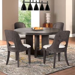5 PIECE ROUND DINING TABLE SET ASH GRRAY WIRE BRUSH CURVED BACK CHAIRS