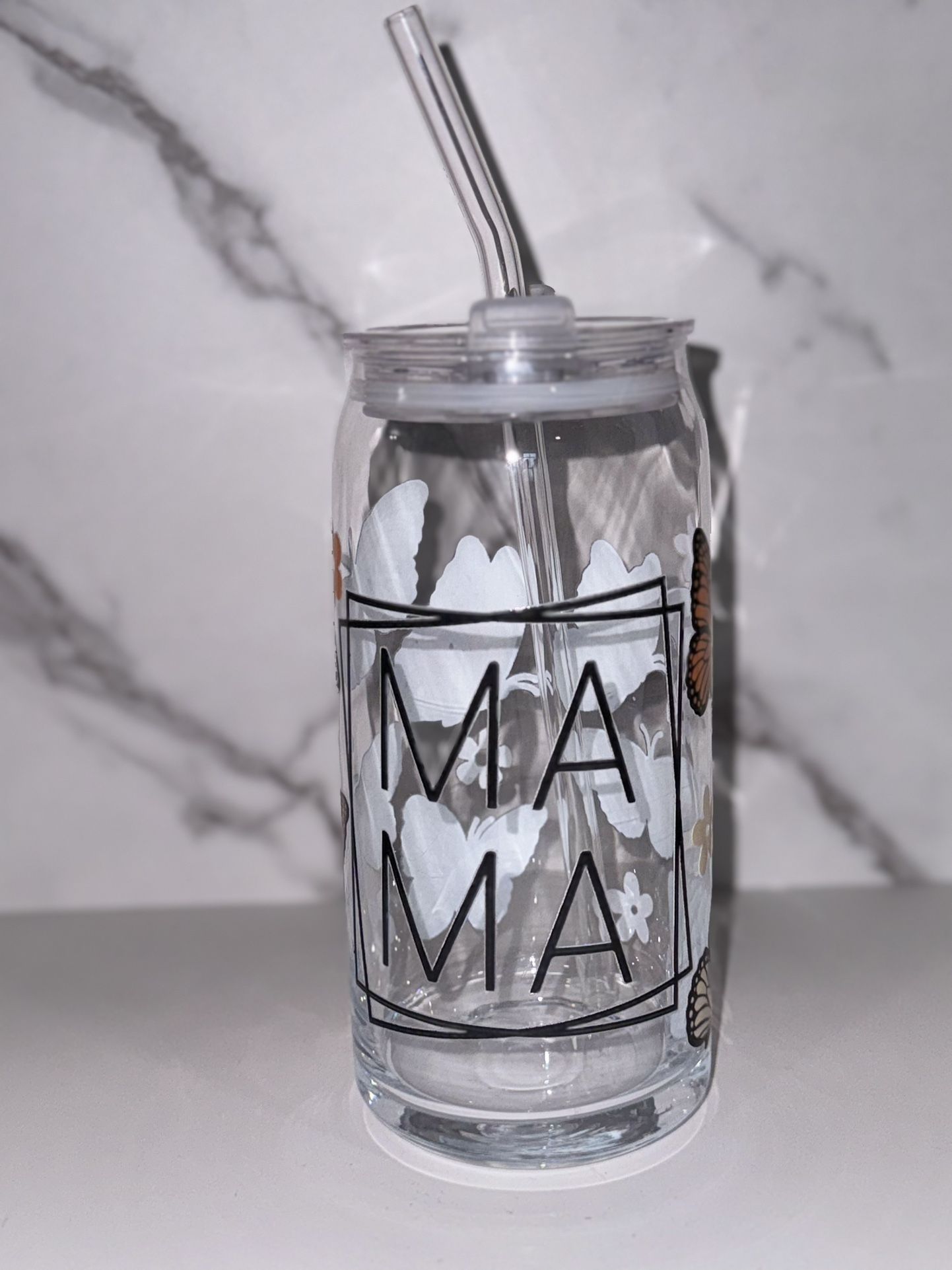 custom glass can cup mama butterfly