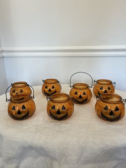 Set Of 6 Glass Pumpkin Lanterns