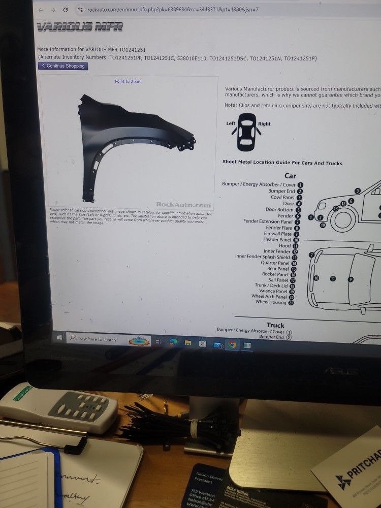 New Fender And Inner Fender For 19 Toyota Higlander 3.5