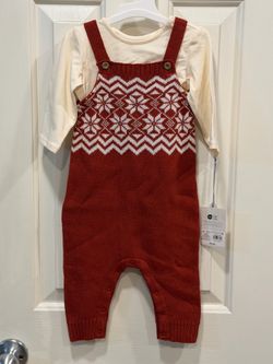 Rust Red Knit Snowflake Overall Romper with Cream Top