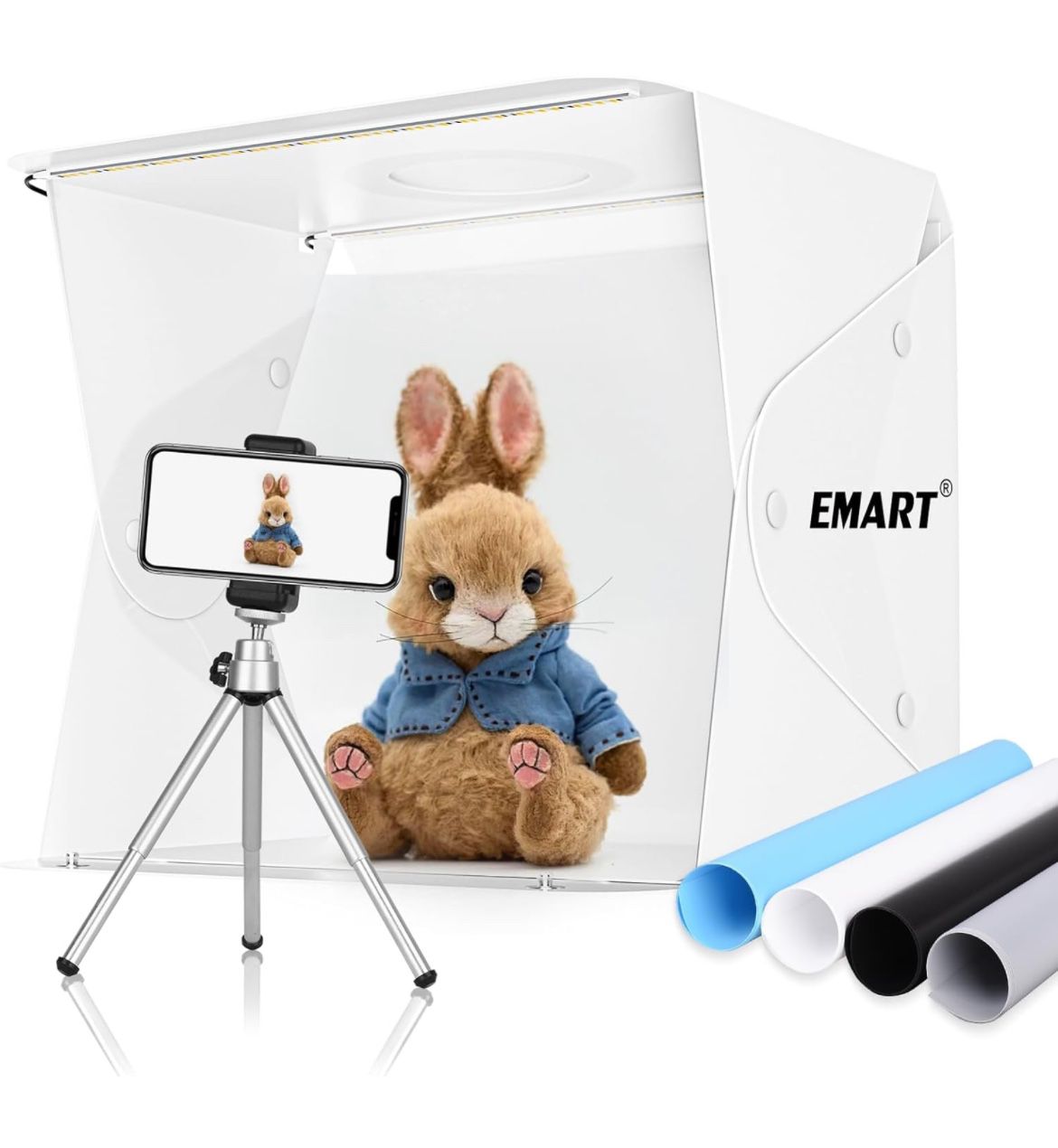 EMART 14" x 16" Photography Table Top Light Box 104 LED Portable Photo Studio Shooting Tent with Color Backdrops and Phone Tripod Holder