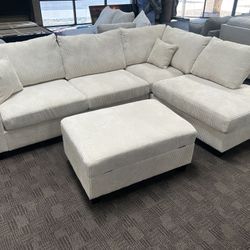 Cream Sectional W/ Storage Ottoman