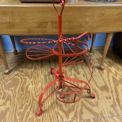 Mid Century Red Wrought Iron Spiral Plant Stand 