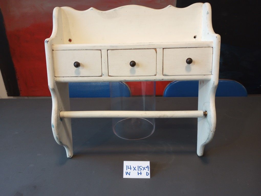 Vintage White Wooden Shabby-Chic Paper Towel Holder Wall Shelf with Drawers