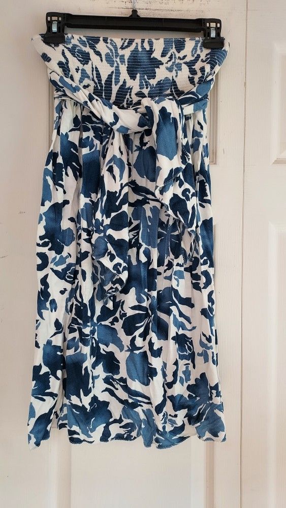 Juicy Couture Strapless Dress Petite Small Blue White Floral Beach Hawaii Tropic