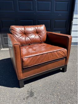 Genuine Leather Tufted Club Chair — Real Cognac Brown Leather, Solid Frame