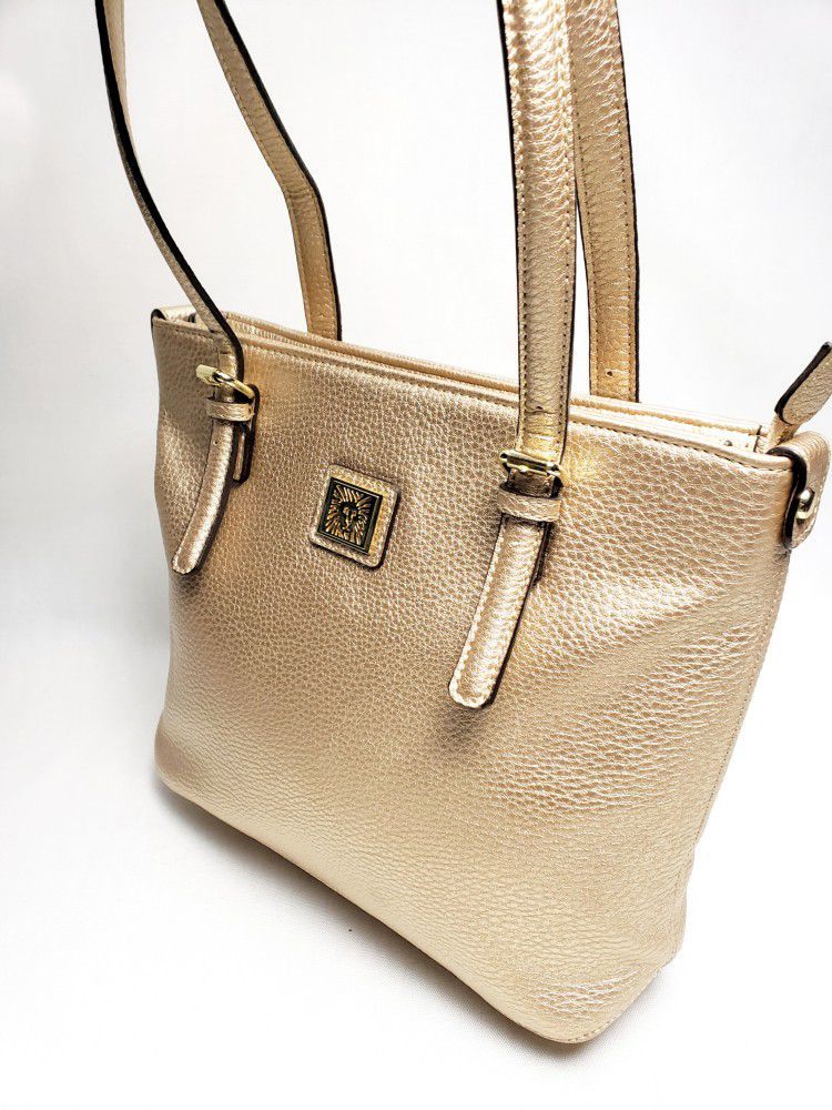 Anne Klein Gold Color Pebbled Faux Leather Tote Handbag 