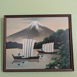 Vintage 1950s Oil on Silk Mt Fuji Painting with Ships Framed