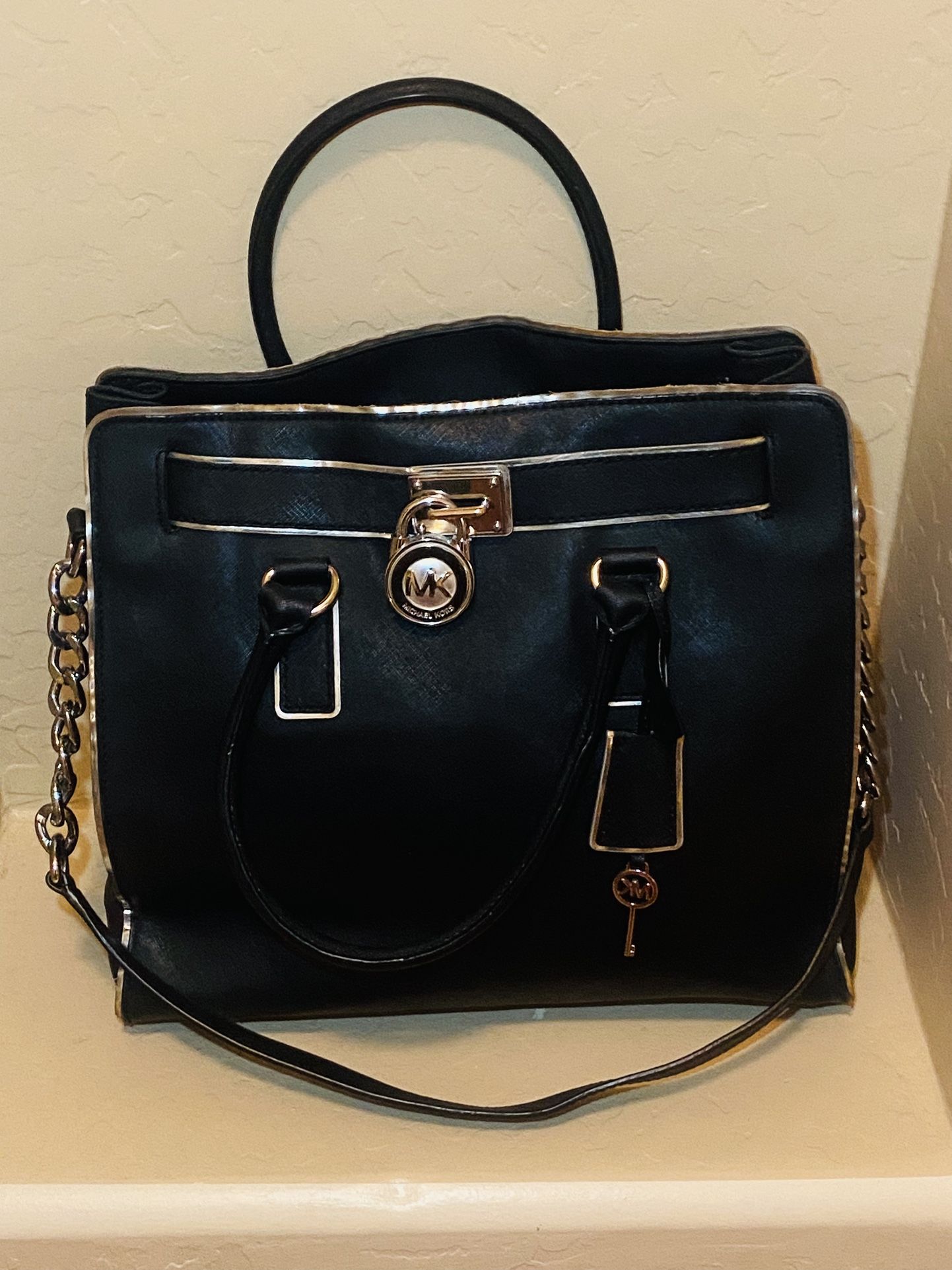 Michael Kors Hamilton Leather Black with Silver Trim Satchel Handbag