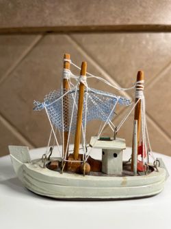 Vintage Wooden Miniature Boat Figure with Netting & String