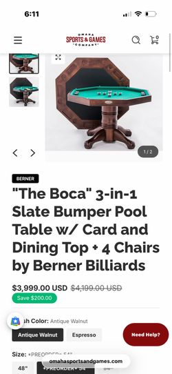 "The Boca" 3-in-1 Slate Bumper Pool Table w/ Card and Dining Top