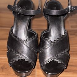 Michael Kors Women Sandals Black Platform High Heels Shoes Leather 