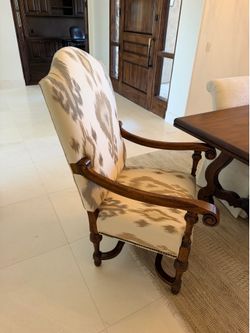 Walter E. Smithe Custom Dining Armchairs - Ikat Pattern, Rolled Back, Carved Wood Frame - Set of 2