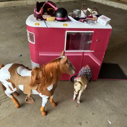 Our generation dolls, horses, trailer, and accessories