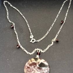Sterling Silver -18” Figaro Chain & Round Natural Brown Stone Pendant with beaded Charm Detailing.  W/Matching Earrings! 