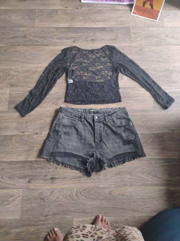 Black See-through Rose Lace Shirt And Black Shorts