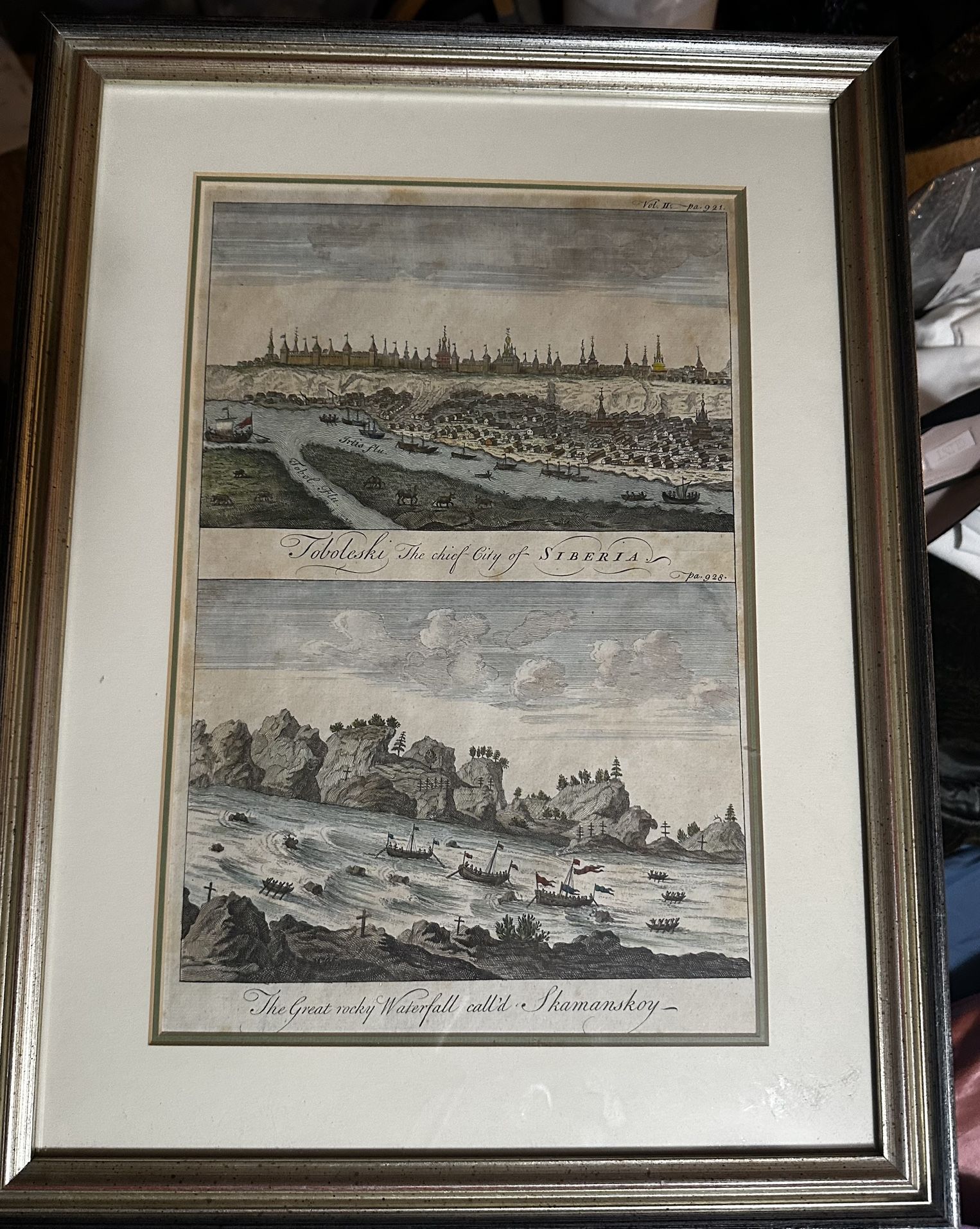 1790 Engraving Of Toboleski City Of Siberia -AND - Shamansky Waterfall