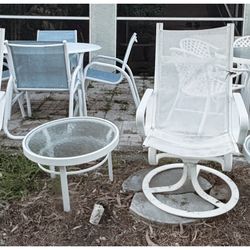 Outdoor White Patio Set Swivel Chairs, Round End Tables 