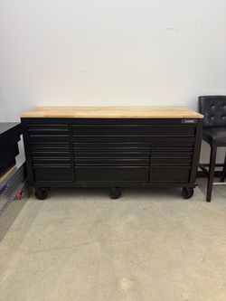 BRAND NEW Shop Husky 72 in. W x 24 in. D Heavy Duty 18-Drawer Mobile Workbench Cabinet with Adjustable-Height Hardwood Top in Matte Black