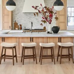 New 24-inch, Counter Height Chairs Solid Wood Frame With Saddle Seat,  Linen Fabric, Set Of 4