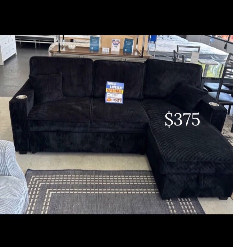 Black Sectional Sofa With Pull-out Bed & storage