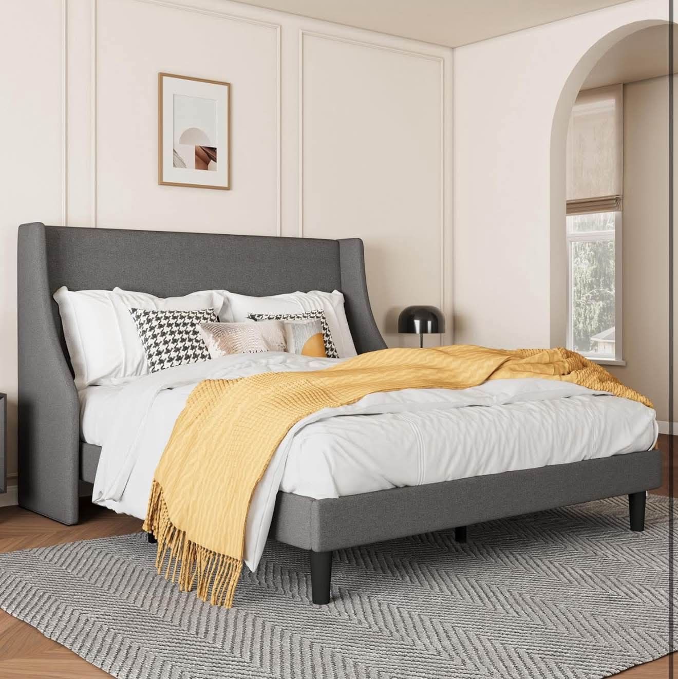 Queen size Platform Bed Frame with Sleek Wingback Dark Grey S-6